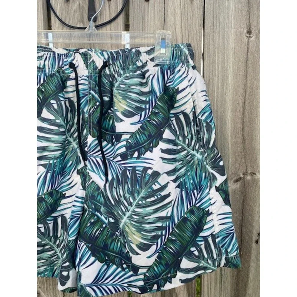 Shein Mens Tropical Palm Monstera Leaf Print Swim Trunks Green White Large‎